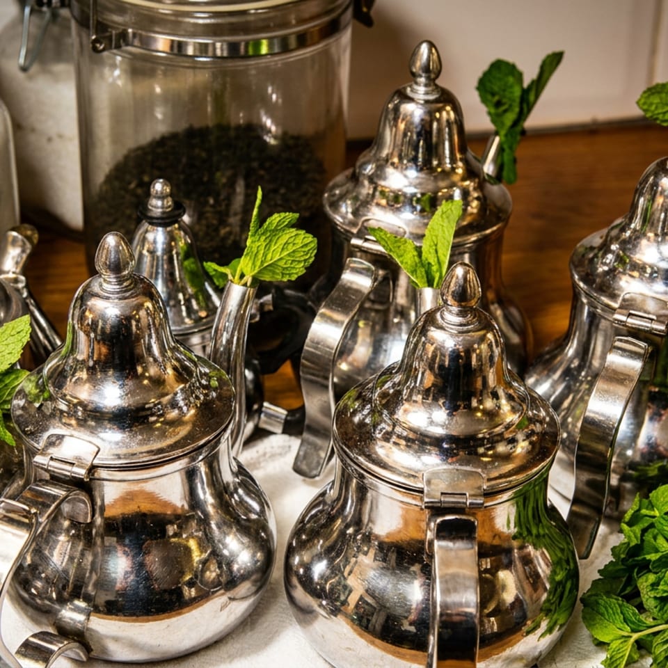 Shiny silver teapots and condiment jars surrounded by fresh mint leaves on a wooden restaurant counter.