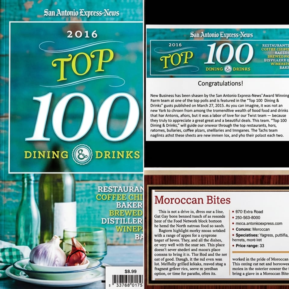 Collage featuring San Antonio Express-News Top 100 Dining & Drinks 2016 award and a Moroccan Bites restaurant review.