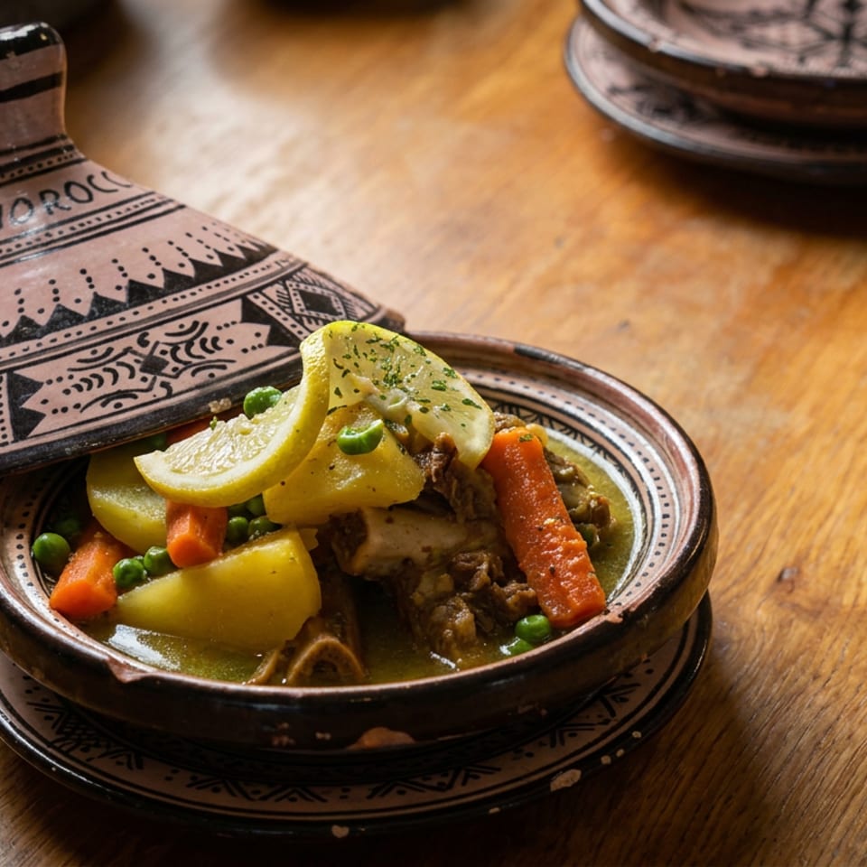 Moroccan tagine with meat, potatoes, carrots, peas, and lemon served in a patterned ceramic dish on a wooden table.