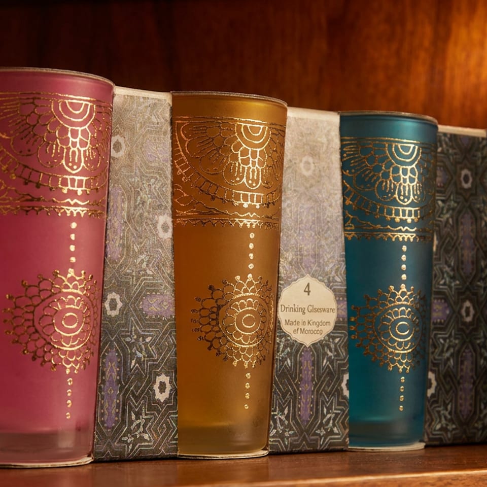 Colorful Moroccan drinking glasses with ornate gold patterns displayed alongside patterned boxes on a wooden shelf.