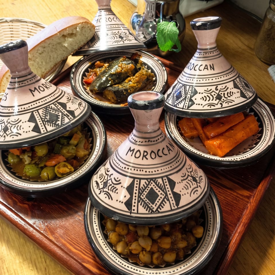 Moroccan tagines with patterned lids surround plates of vegetables, chickpeas, carrots, zucchini, bread, and fresh mint on a wooden table.