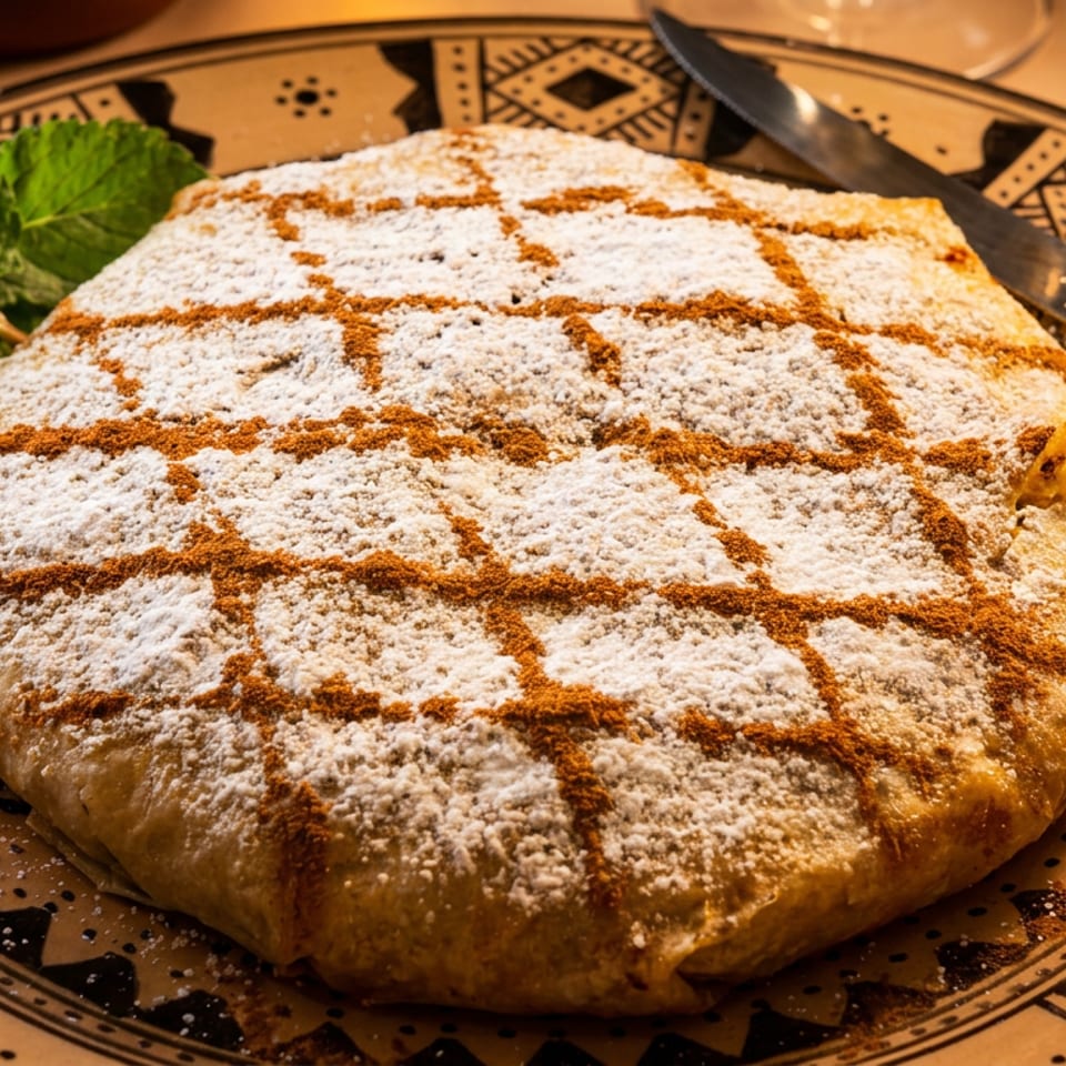 Golden pastry dusted with powdered sugar and cinnamon sits on a decorative plate beside fresh mint and a knife.