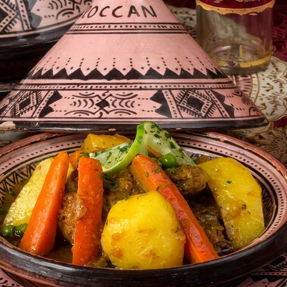 Moroccan tagine with carrots, potatoes, zucchini, and peppers served in a decorated ceramic dish on a patterned tablecloth.