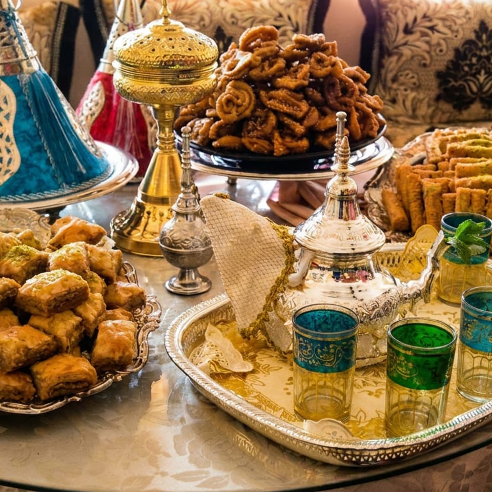 Moroccan tea service with colorful glasses, ornate teapot, pastries, cookies, and decorative serving dishes on a table.