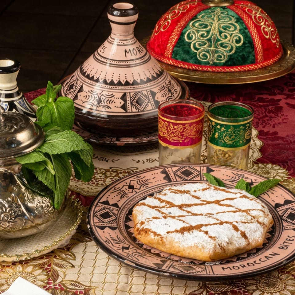 Moroccan tea set with silver teapot, mint leaves, ornate glasses, tagine, and powdered pastry on a richly decorated table.