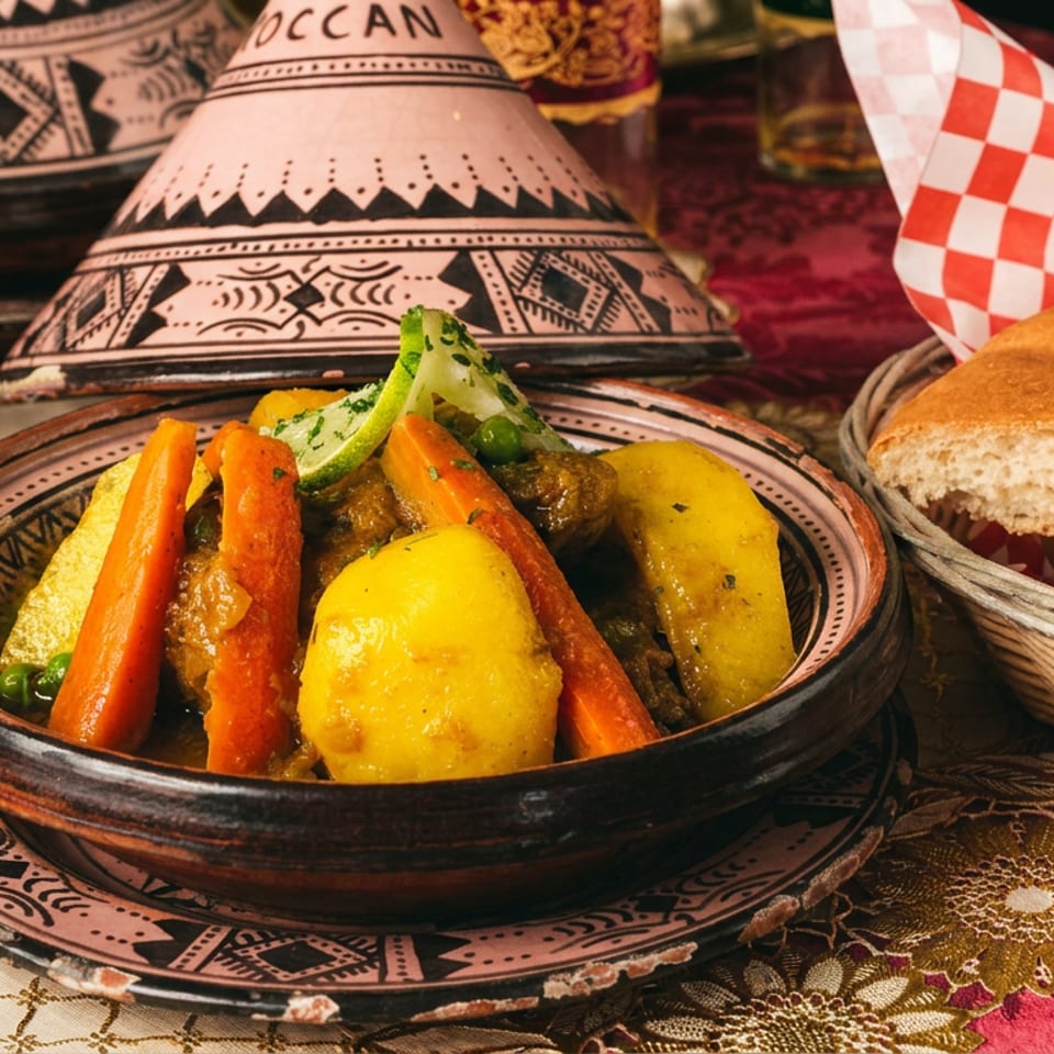 Moroccan tagine with carrots, potatoes, and vegetables beside a bread basket on a colorful patterned table.