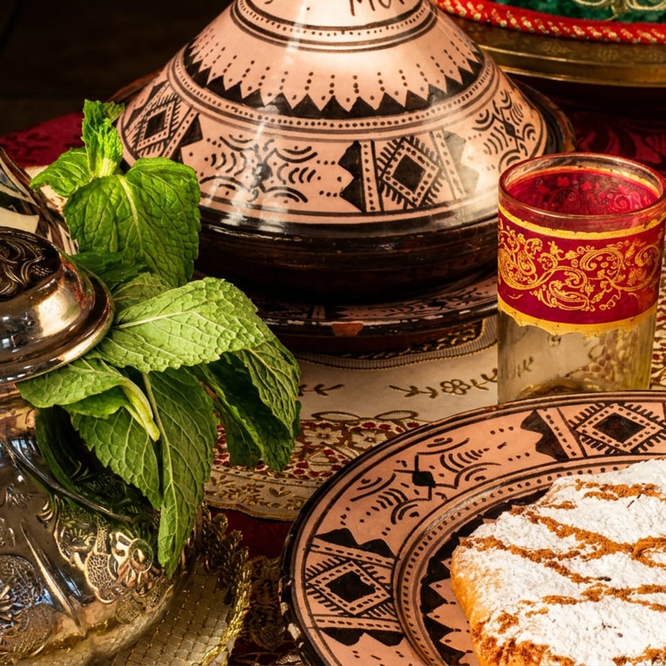 Moroccan tea setting with ornate teapots, colorful glasses, fresh mint, patterned ceramics, and powdered dessert.