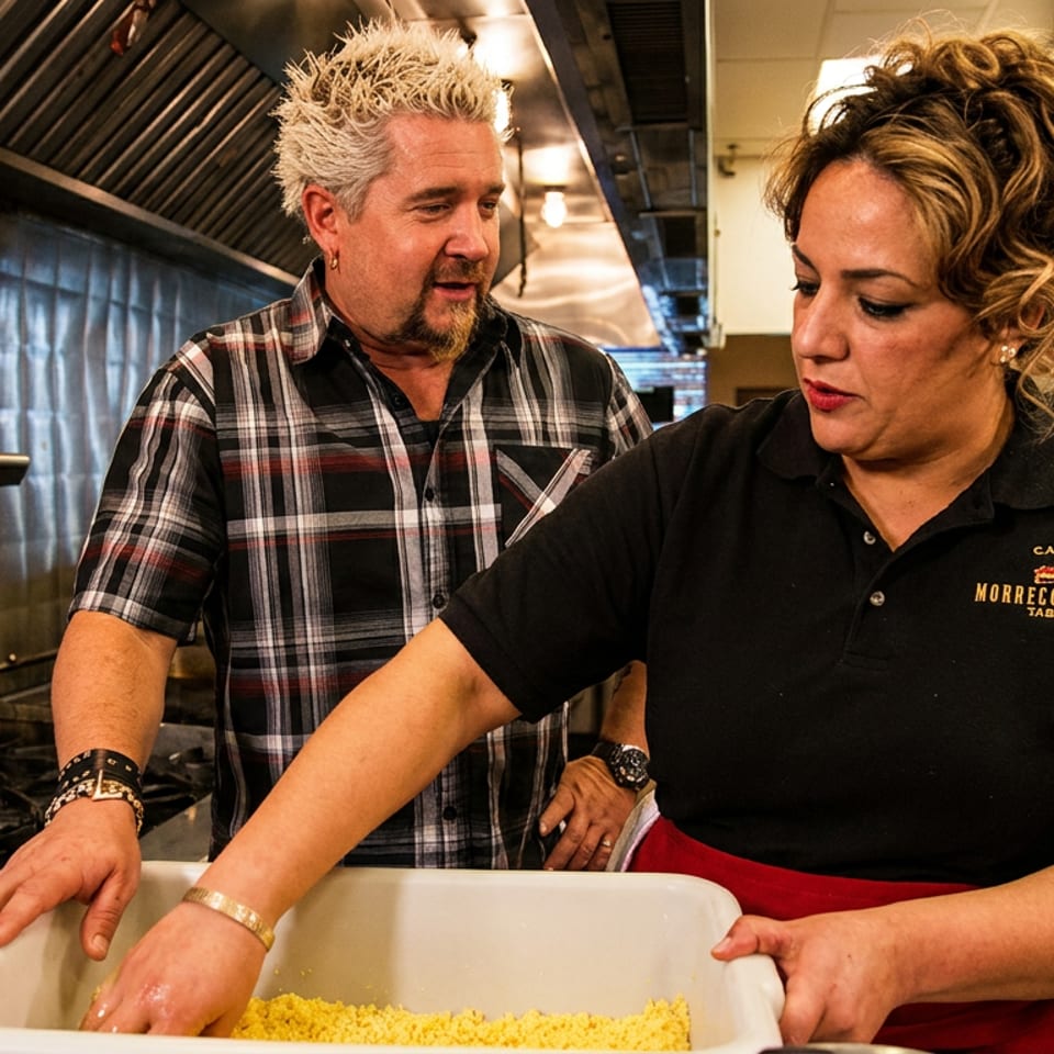 Two restaurant workers prepare couscous in a commercial kitchen, with a woman mixing yellow grains in a large white tub.