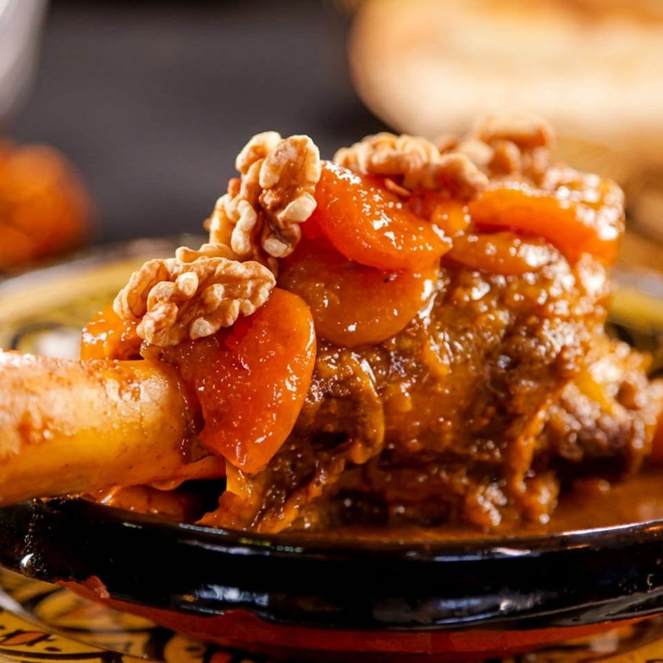 Glazed lamb shank topped with apricots and walnuts, served on an ornate plate in a warmly lit restaurant setting.