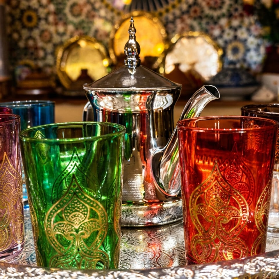Ornate Moroccan tea set with silver teapot and colorful patterned glasses arranged on a decorative serving tray.