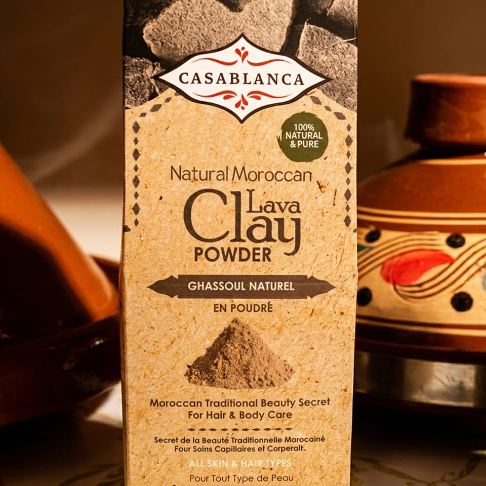 Casablanca Natural Moroccan Lava Clay Powder packaging displayed with terracotta pottery in the background.