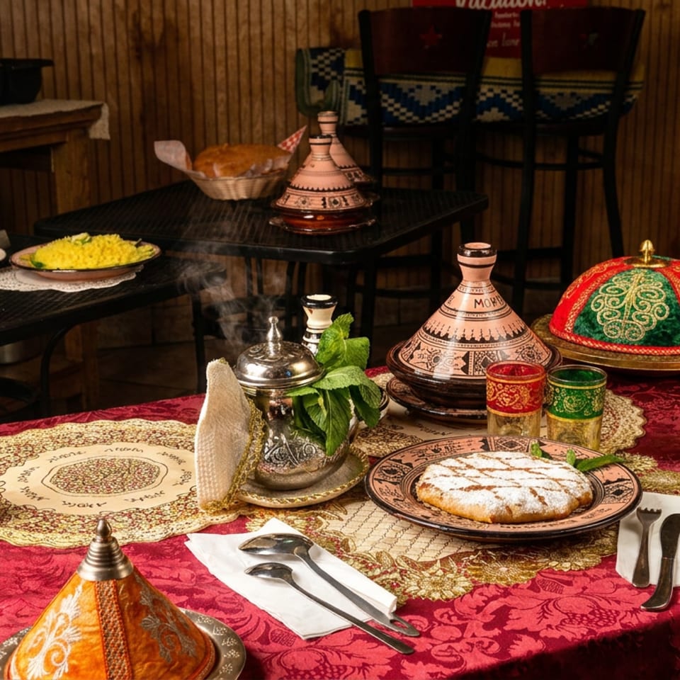 Moroccan restaurant table arranged with colorful tagines, steaming mint tea, pastries, patterned textiles, and traditional decor.
