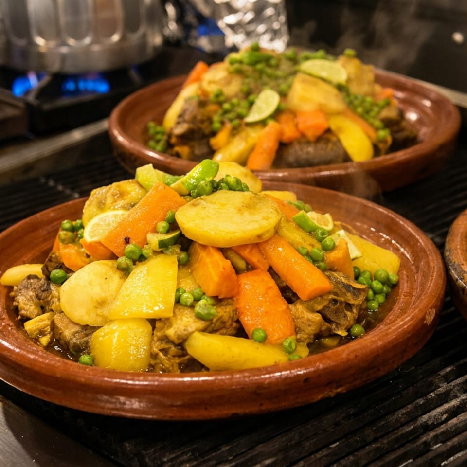 Three earthenware dishes of meat and colorful vegetables, including potatoes, carrots, peas, and zucchini, warming on a restaurant grill.