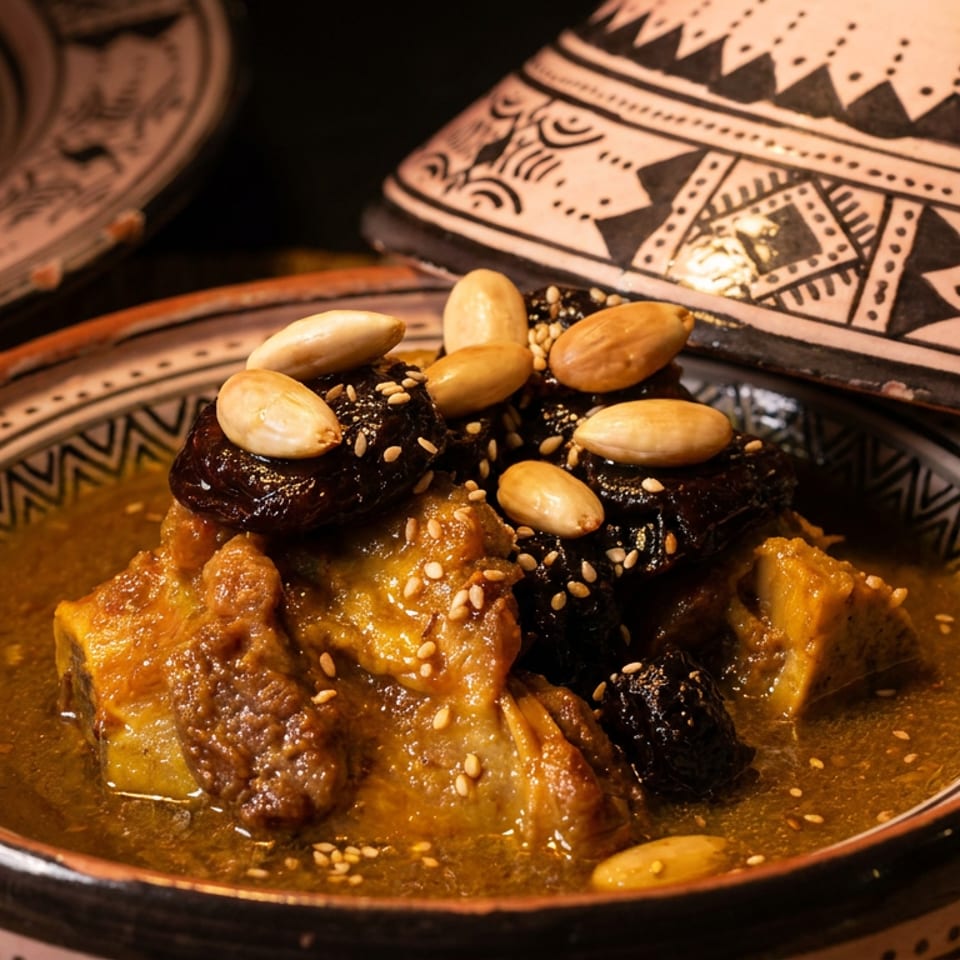 Moroccan tagine with tender meat, prunes, almonds, and sesame seeds served in a decorated ceramic dish.