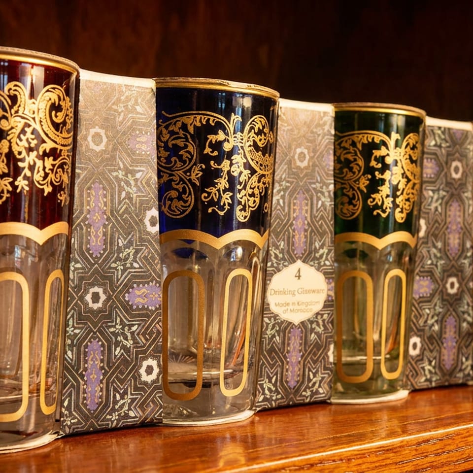 Decorative Moroccan drinking glasses in ornate patterned boxes displayed on a polished wooden shelf.